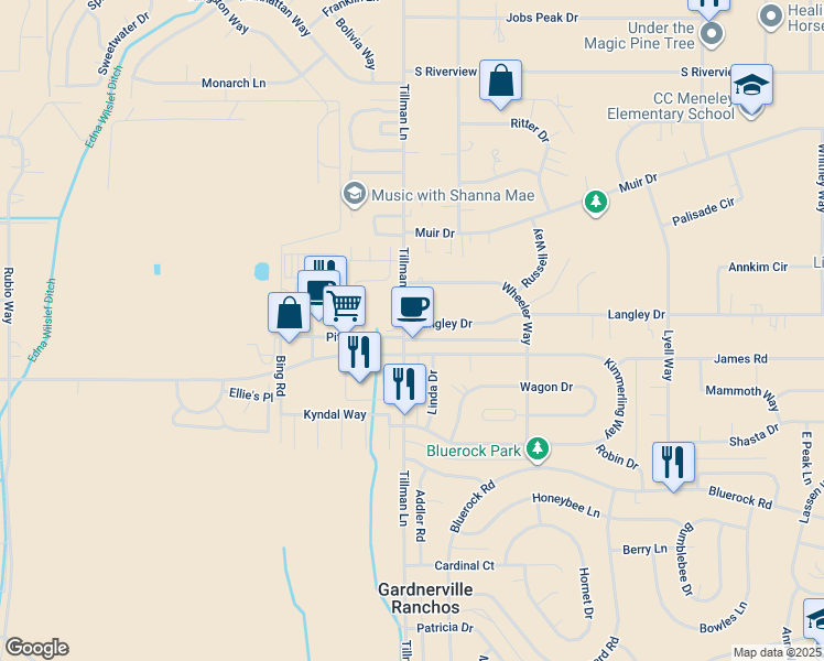 map of restaurants, bars, coffee shops, grocery stores, and more near 805 Tillman Lane in Gardnerville