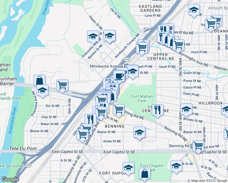 map of restaurants, bars, coffee shops, grocery stores, and more near 4042 Minnesota Avenue Northeast in Washington