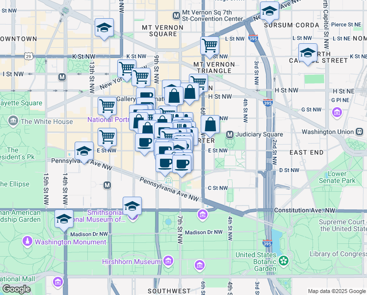 map of restaurants, bars, coffee shops, grocery stores, and more near 675 E Street Northwest in Washington