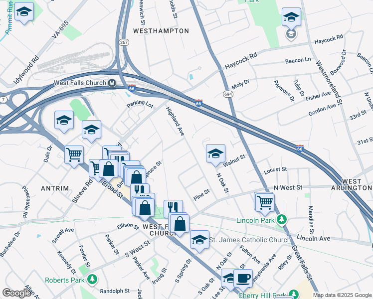 map of restaurants, bars, coffee shops, grocery stores, and more near 2328 Highland Avenue in Falls Church