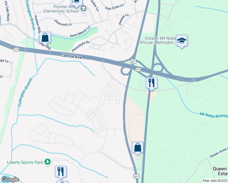 map of restaurants, bars, coffee shops, grocery stores, and more near 143 Lawndale Drive in Bowie