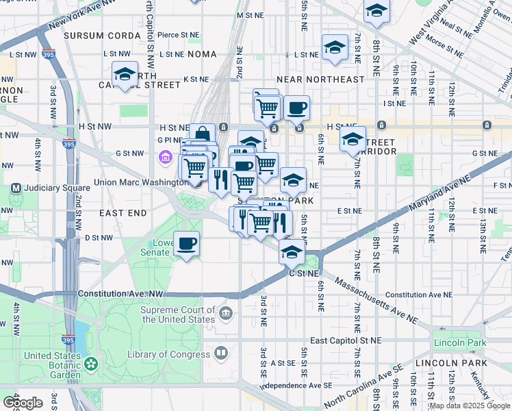 map of restaurants, bars, coffee shops, grocery stores, and more near 226 E Street Northeast in Washington