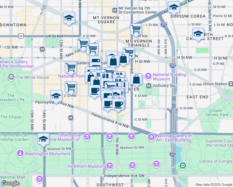 map of restaurants, bars, coffee shops, grocery stores, and more near in Washington