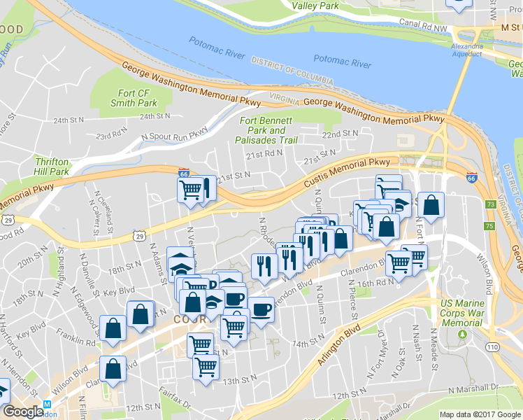map of restaurants, bars, coffee shops, grocery stores, and more near Lee Hwy & N Rhodes St in Arlington