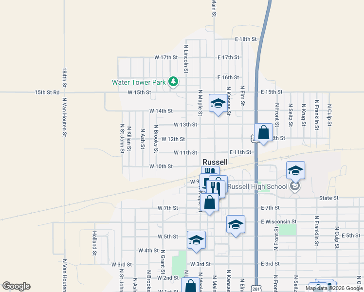 map of restaurants, bars, coffee shops, grocery stores, and more near 1125 North Lincoln Street in Russell