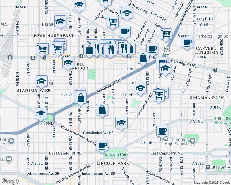 map of restaurants, bars, coffee shops, grocery stores, and more near 501 12th Street Northeast in Washington