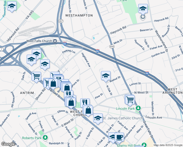 map of restaurants, bars, coffee shops, grocery stores, and more near 2328 Highland Avenue in Falls Church