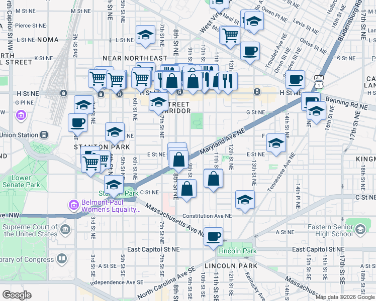 map of restaurants, bars, coffee shops, grocery stores, and more near 816 E Street NE in Washington