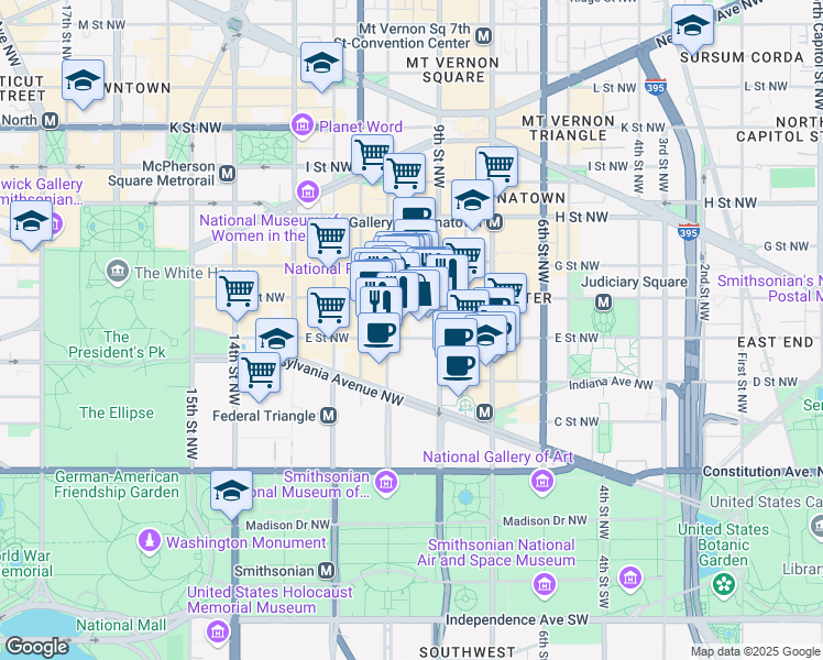 map of restaurants, bars, coffee shops, grocery stores, and more near 915 East Street Northwest in Washington