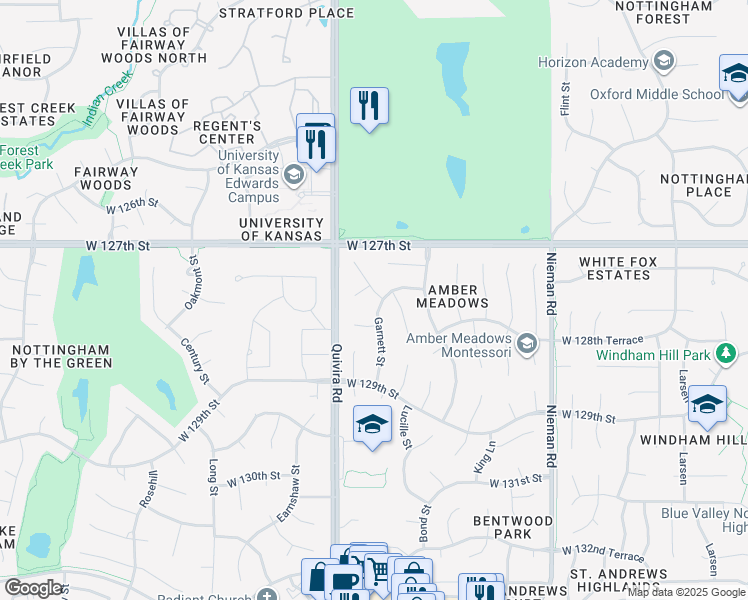 map of restaurants, bars, coffee shops, grocery stores, and more near 12752 Garnett Street in Overland Park
