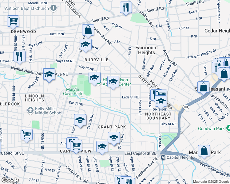map of restaurants, bars, coffee shops, grocery stores, and more near 5600 Eads Street Northeast in Washington
