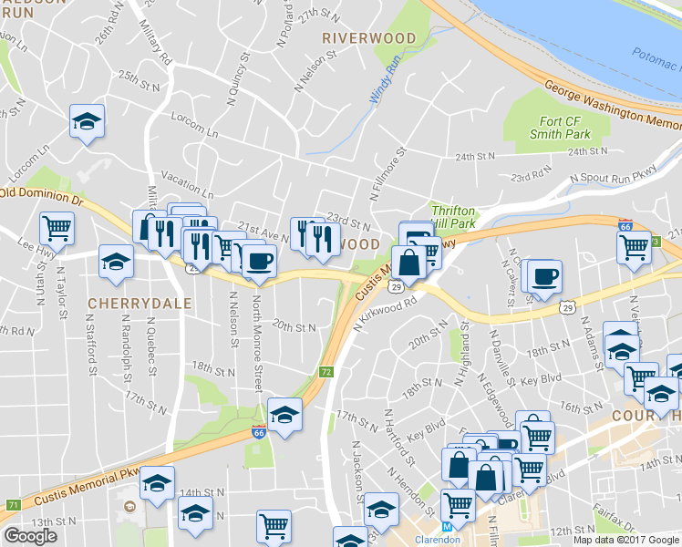 map of restaurants, bars, coffee shops, grocery stores, and more near 3303 Lee Hwy in Arlington
