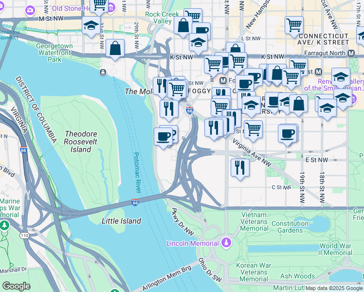 map of restaurants, bars, coffee shops, grocery stores, and more near 101 Independence Avenue Southeast in Washington