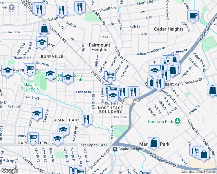 map of restaurants, bars, coffee shops, grocery stores, and more near 510 Eastern Avenue Northeast in Washington