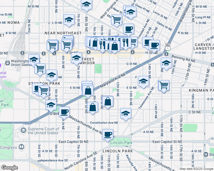 map of restaurants, bars, coffee shops, grocery stores, and more near 1011 Maryland Avenue Northeast in Washington