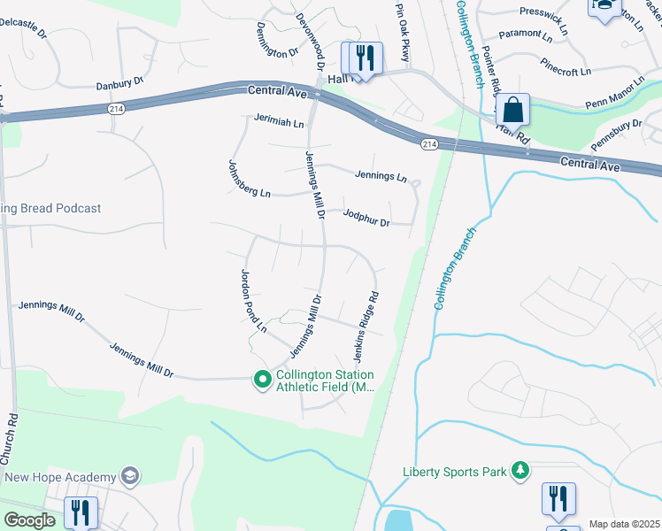 map of restaurants, bars, coffee shops, grocery stores, and more near 508 Jennings Mill Drive in Bowie