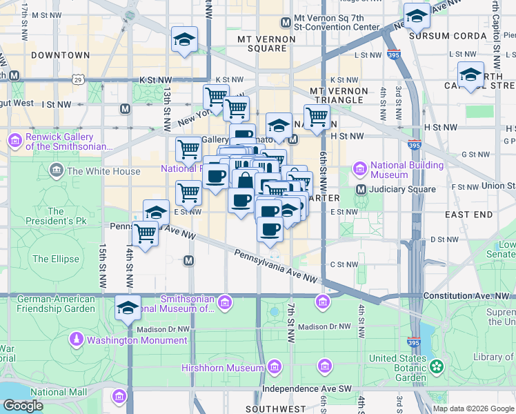 map of restaurants, bars, coffee shops, grocery stores, and more near 901 E Street Northwest in Washington