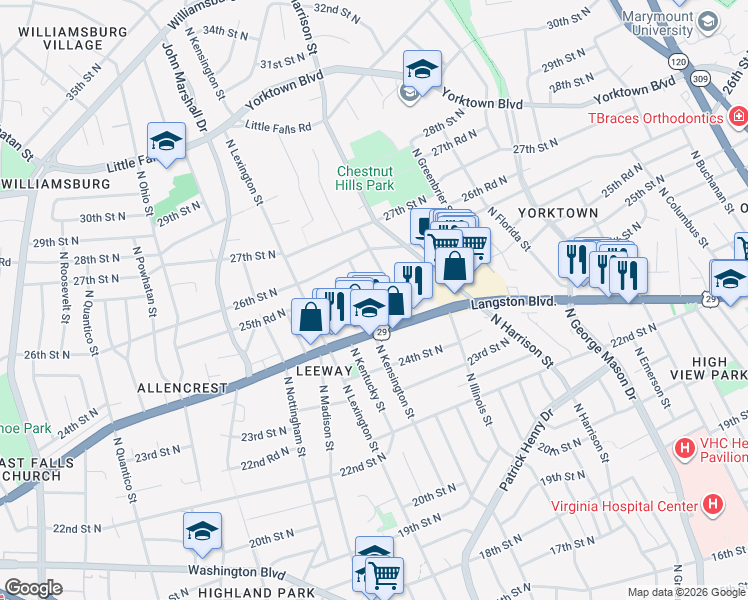 map of restaurants, bars, coffee shops, grocery stores, and more near 2501 North Kenilworth Street in Arlington