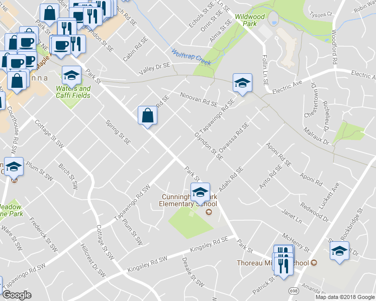 map of restaurants, bars, coffee shops, grocery stores, and more near 211 Tapawingo Road Southeast in Vienna