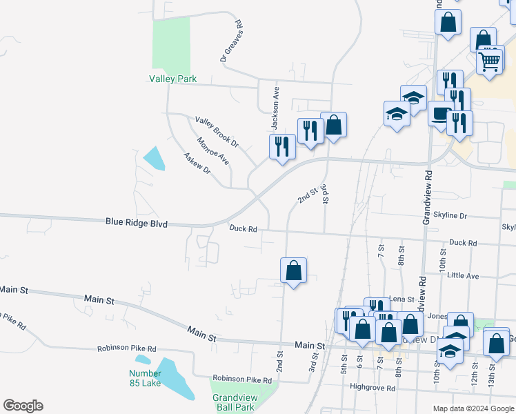 map of restaurants, bars, coffee shops, grocery stores, and more near 12609 Blue Ridge Boulevard in Grandview