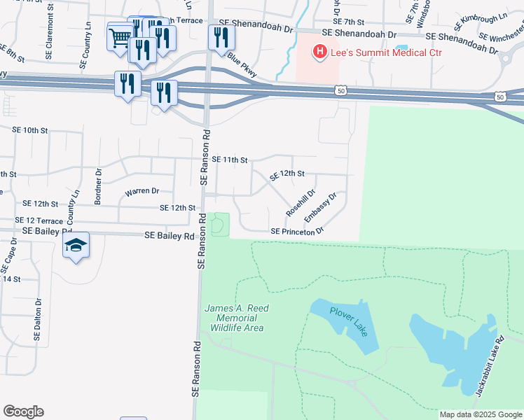 map of restaurants, bars, coffee shops, grocery stores, and more near 1308 Southeast Princeton Place in Lee's Summit