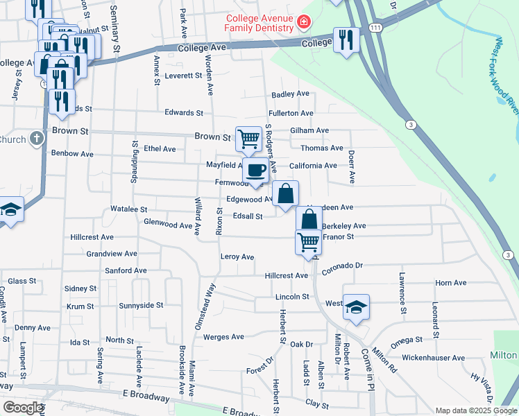map of restaurants, bars, coffee shops, grocery stores, and more near 3227 Edgewood Avenue in Alton