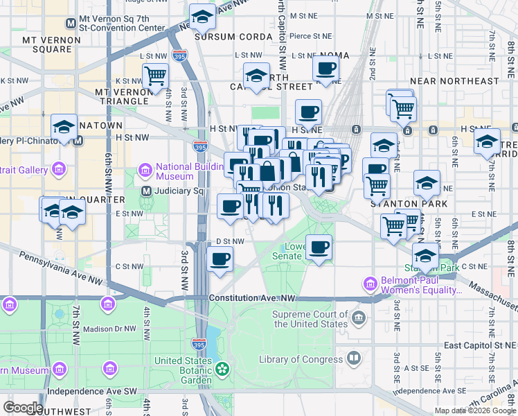 map of restaurants, bars, coffee shops, grocery stores, and more near 35 E Street Northwest in Washington