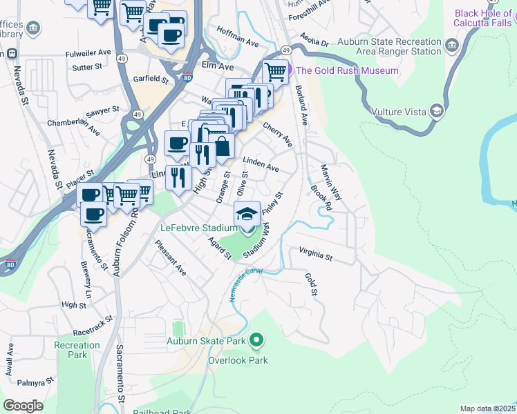 map of restaurants, bars, coffee shops, grocery stores, and more near 118 Parkside Terrace in Auburn