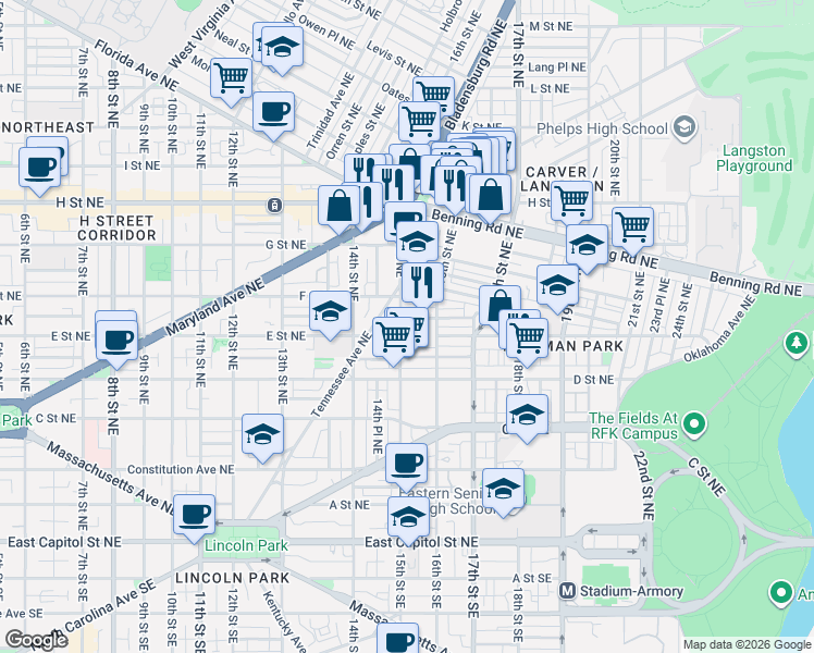 map of restaurants, bars, coffee shops, grocery stores, and more near 101 Independence Avenue Southeast in Washington