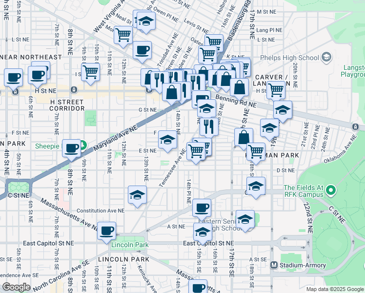 map of restaurants, bars, coffee shops, grocery stores, and more near 101 Independence Avenue Southeast in Washington