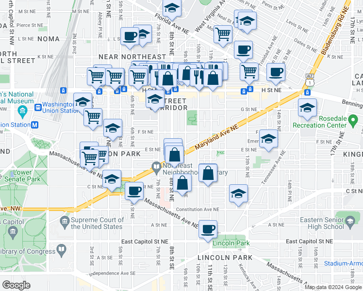 map of restaurants, bars, coffee shops, grocery stores, and more near 101 Independence Avenue Southeast in Washington