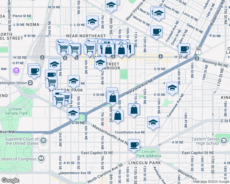 map of restaurants, bars, coffee shops, grocery stores, and more near 101 Independence Avenue Southeast in Washington