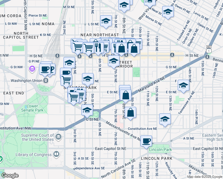 map of restaurants, bars, coffee shops, grocery stores, and more near 101 Independence Avenue Southeast in Washington