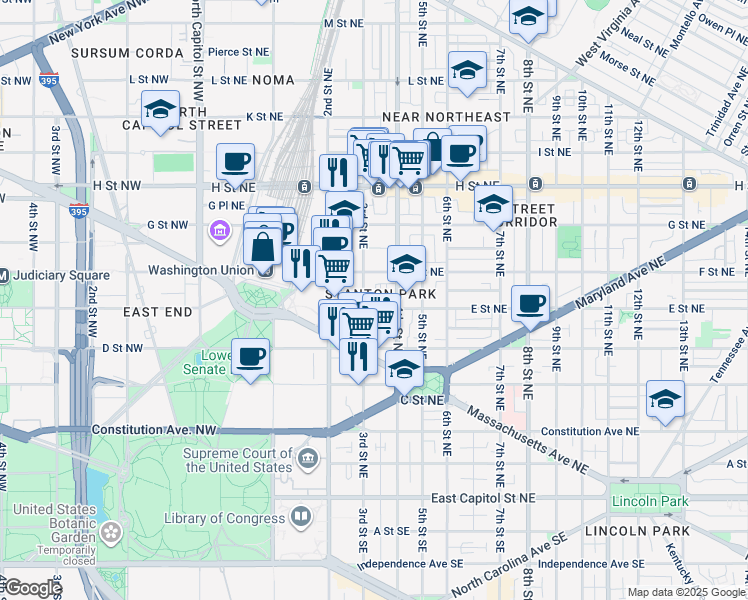 map of restaurants, bars, coffee shops, grocery stores, and more near 101 Independence Avenue Southeast in Washington