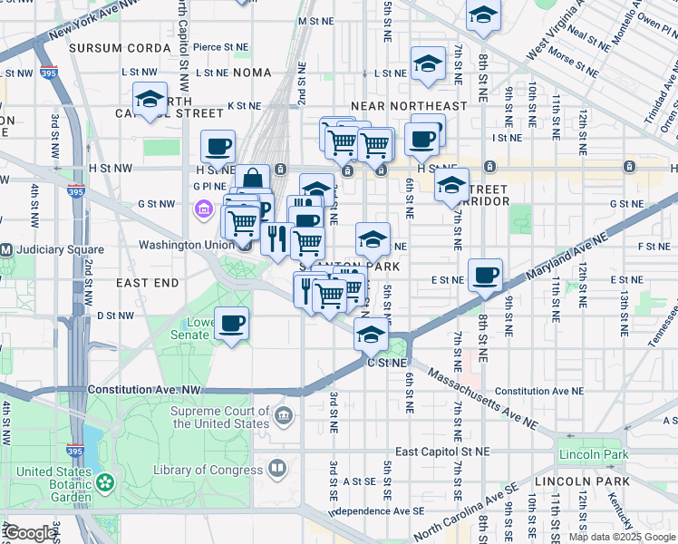 map of restaurants, bars, coffee shops, grocery stores, and more near 101 Independence Avenue Southeast in Washington