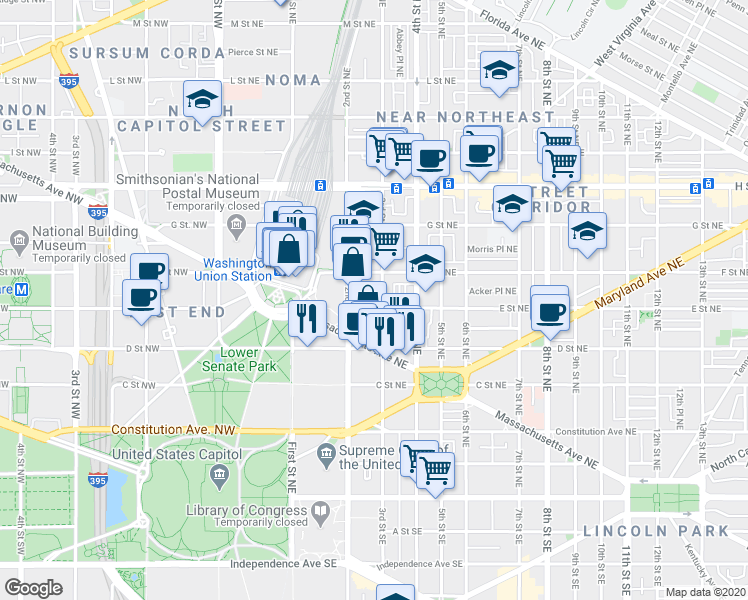 map of restaurants, bars, coffee shops, grocery stores, and more near 101 Independence Avenue Southeast in Washington