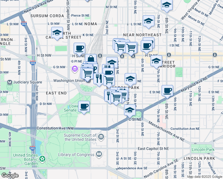 map of restaurants, bars, coffee shops, grocery stores, and more near 101 Independence Avenue Southeast in Washington