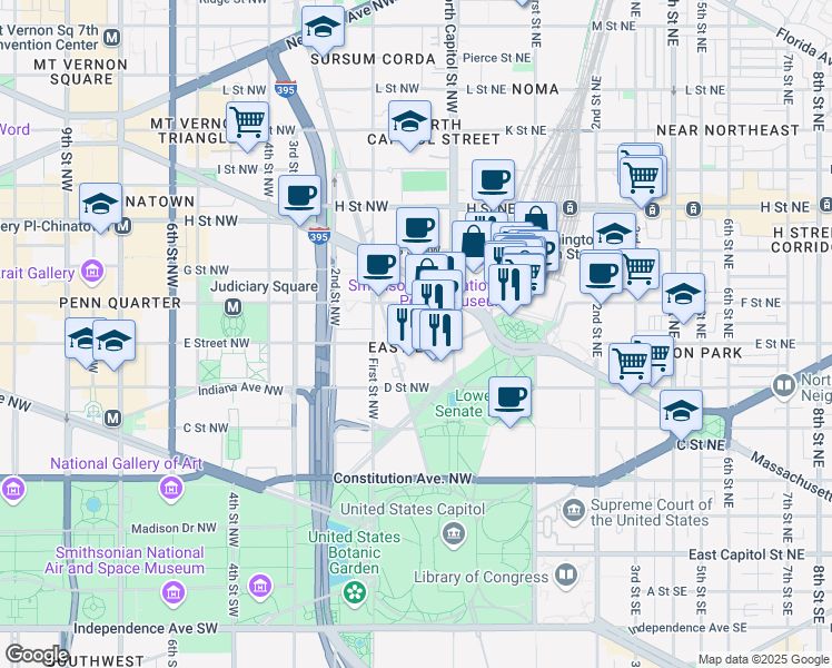 map of restaurants, bars, coffee shops, grocery stores, and more near 101 Independence Avenue Southeast in Washington