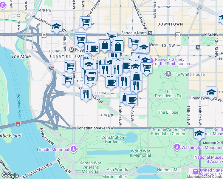 map of restaurants, bars, coffee shops, grocery stores, and more near in Washington