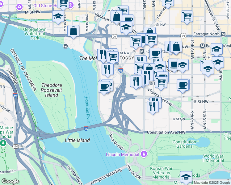 map of restaurants, bars, coffee shops, grocery stores, and more near 101 Independence Avenue Southeast in Washington