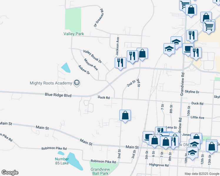 map of restaurants, bars, coffee shops, grocery stores, and more near 12609 Blue Ridge Boulevard in Grandview