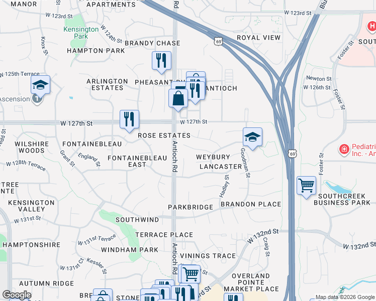 map of restaurants, bars, coffee shops, grocery stores, and more near 8625 West 127th Place in Overland Park