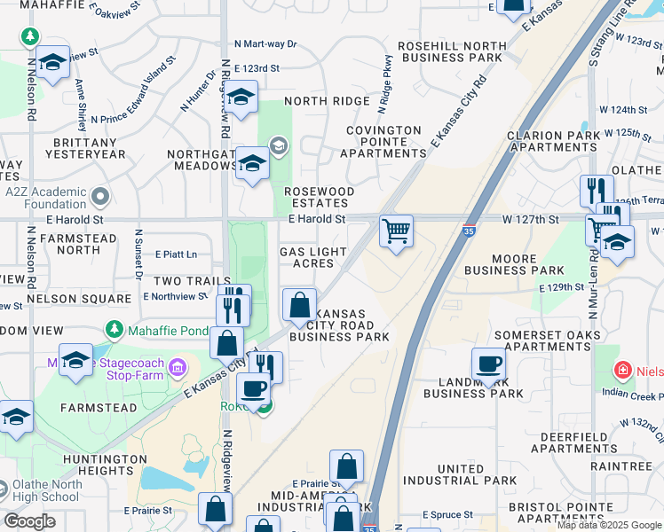 map of restaurants, bars, coffee shops, grocery stores, and more near 1040 North Mart-way Drive in Olathe