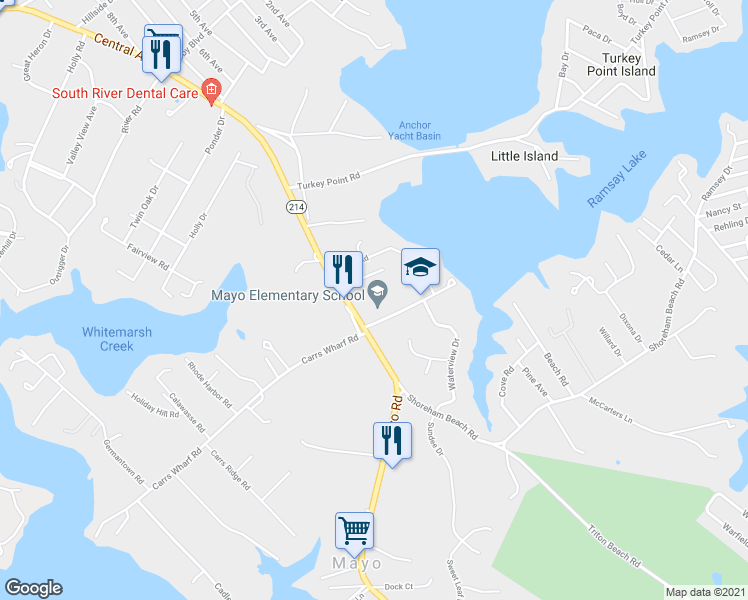 map of restaurants, bars, coffee shops, grocery stores, and more near 1260 Mayo Ridge Road in Edgewater