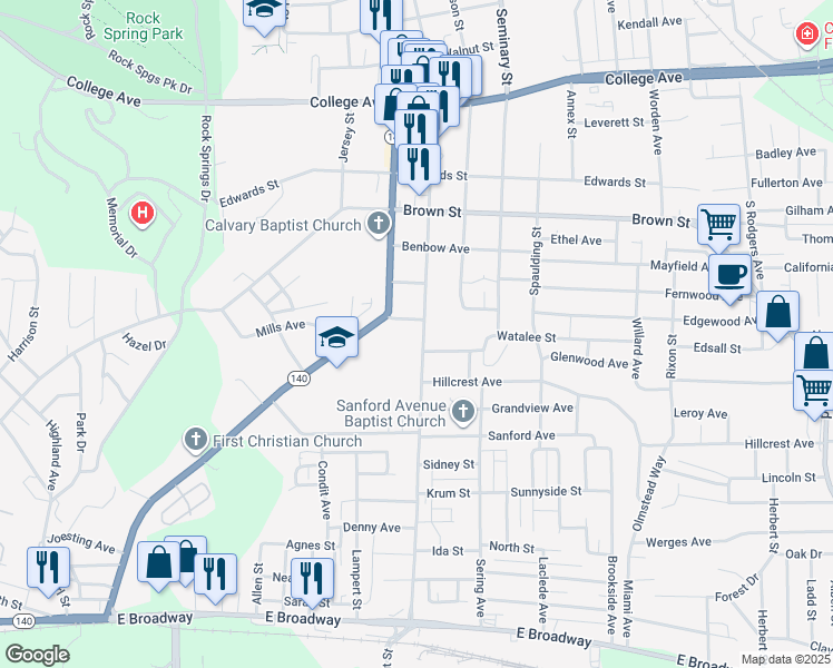 map of restaurants, bars, coffee shops, grocery stores, and more near 1116 Main Street in Alton