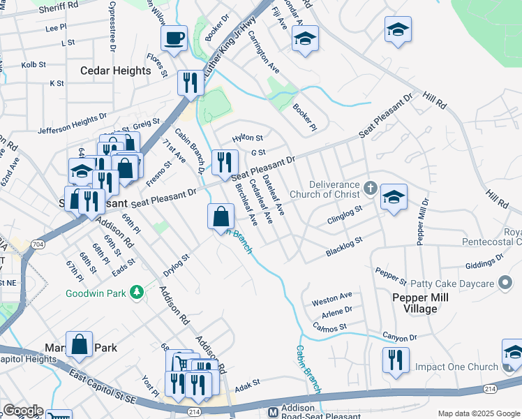 map of restaurants, bars, coffee shops, grocery stores, and more near 500 Cedarleaf Avenue in Capitol Heights