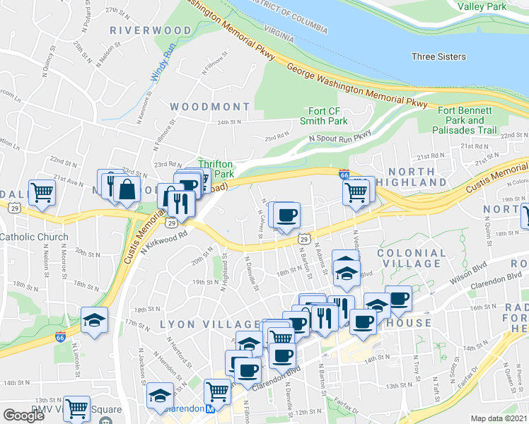 map of restaurants, bars, coffee shops, grocery stores, and more near 1953 North Calvert Street in Arlington