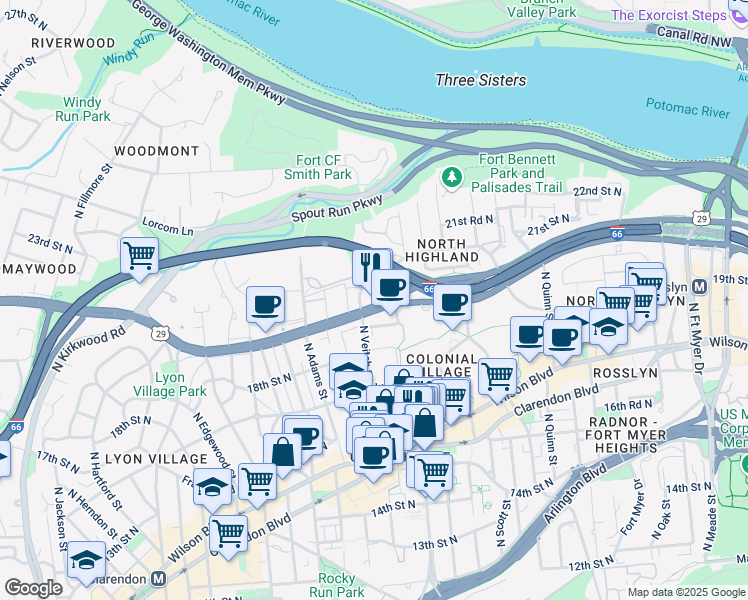 map of restaurants, bars, coffee shops, grocery stores, and more near 1919 North Veitch Street in Arlington