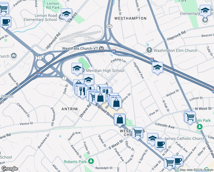 map of restaurants, bars, coffee shops, grocery stores, and more near 120 Haycock Road in Falls Church