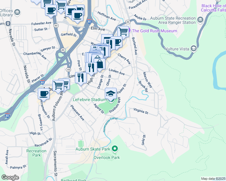 map of restaurants, bars, coffee shops, grocery stores, and more near 118 Parkside Terrace in Auburn